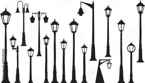 Streetlamp Style Lineup Silhouette – Bold Vector of Mixed Urban Lighting Designs for Editorial & Infrastructure Design