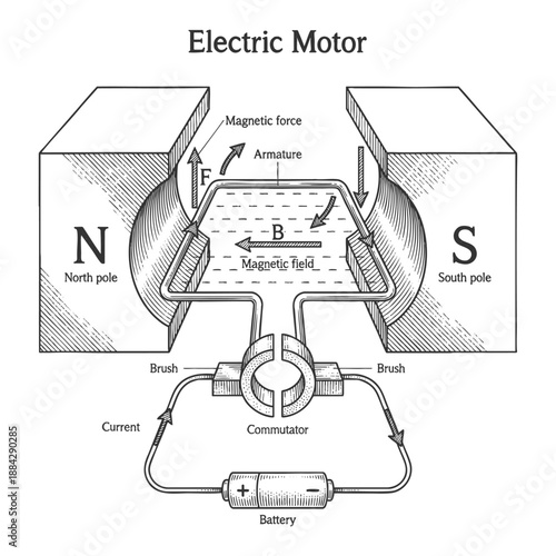 how an electric motor works, including armature, magnetic field, commutator, and battery connections sketch engraving generative ai vector illustration. Scratch board imitation. Black and white image.