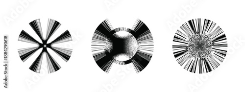 Abstract radial burst circles with linear motion lines – black and white dynamic vector.