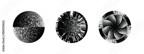 Futuristic halftone orbs with concentric digital rings – black and white grunge textures and tech vector.