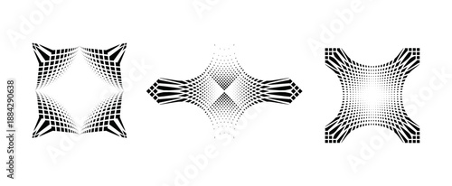 Abstract warped grid frames with halftone distortion – black and white geometric vector set.