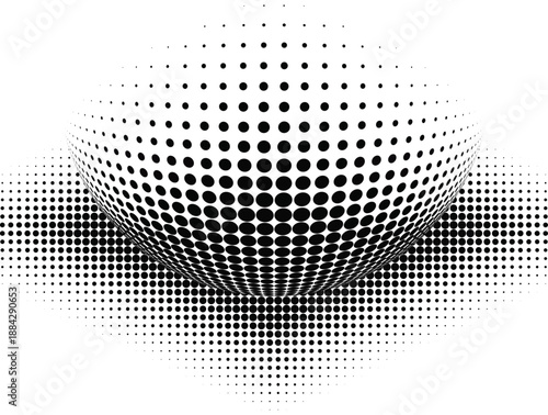 Abstract vector illustration of a spherical black dot pattern with 3d orb with gradient depth.