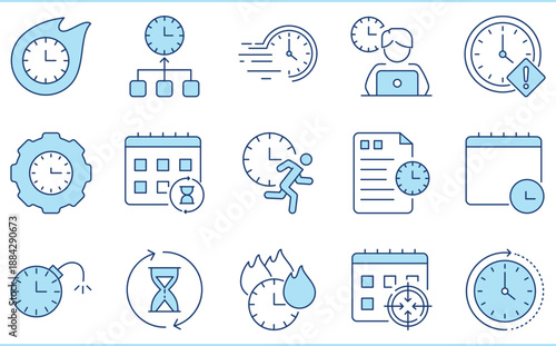A set of flat icons related to Deadline. Time, clock, finish, interval, hourglass, run, speed, and so on.