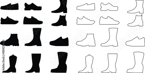 Men shoes icons set including boots sneakers loafers formal footwear silhouettes in flat and line style, male fashion shoe outline illustration collection for branding design