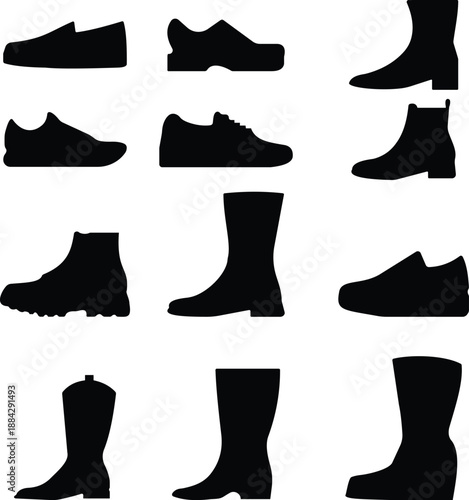 Men shoes icons set including boots sneakers loafers formal footwear silhouettes in flat style, male fashion shoe outline illustration collection for branding design