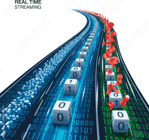 Create a kinds of deferent Streaming data, binary data moving on a digital road - Digital Code road concept - 3d illustration vector art with white background..