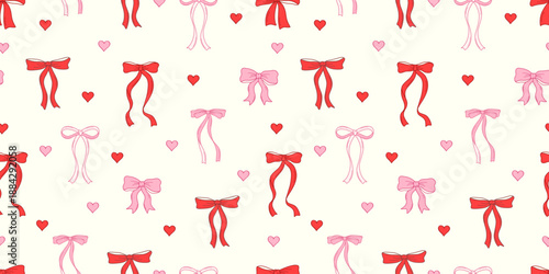 Cute flirty bows with ribbons. Seamless pattern ornaments, gift wrappers, festive background. Vector illustration.