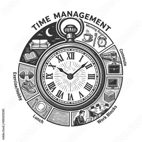 clock surrounded by labeled icons representing a balanced daily schedule including work, commute, and self-care sketch engraving generative ai vector illustration. Scratch board. Black and white image