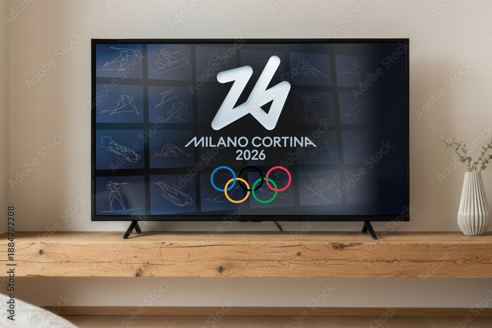 Fototapeta premium MILAN, ITALY, DECEMBER 12, 2025 Modern living room interior featuring a large television screen displaying the official Milano Cortina 2026 Winter Olympics logo and sports pictograms on blue