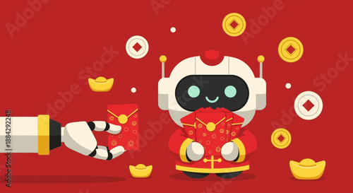 Robot Celebrating Lunar New Year with Traditional Red Outfit and Gold Ingots in Festive Atmosphere