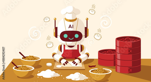 Robot chef preparing traditional dishes in a modern kitchen environment from a frontal viewpoint