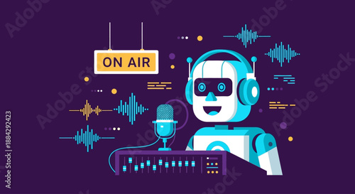 Robot broadcasting live on air with headphones and microphone in a studio environment from a front viewpoint