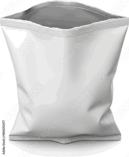 Create a realistic Blank open snack white package bag. Chips packaging 3d rendering mockup template vector art with white background..
