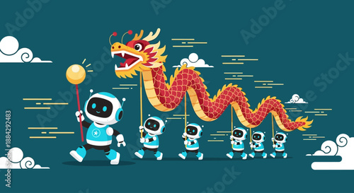 Astronauts dancing with a vibrant dragon in a festive procession surrounded by clouds from a celebratory viewpoint