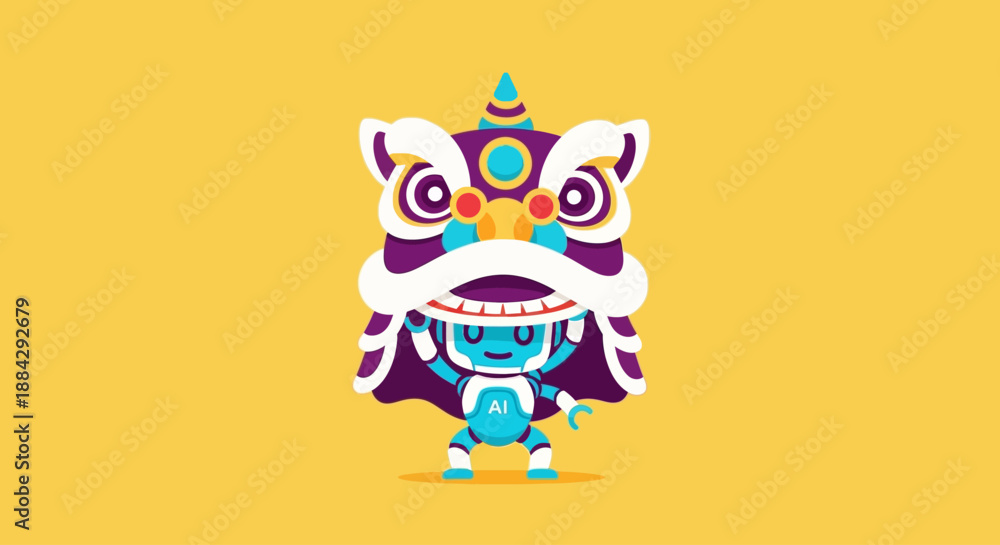 Obraz premium Vibrant illustration of a mythical creature with ornate details and bright colors from a cultural festival, viewed from the front.
