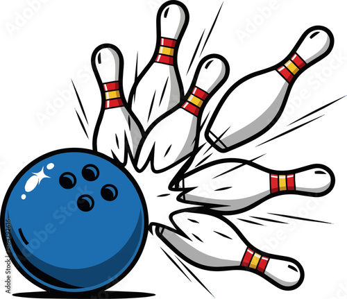 Create a realistic Bowling strike concept. Blue Bowling Ball hits bowling pins. vector art with white background..