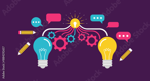 Creative ideas and innovation represented by lightbulbs surrounded by communication symbols and gears
