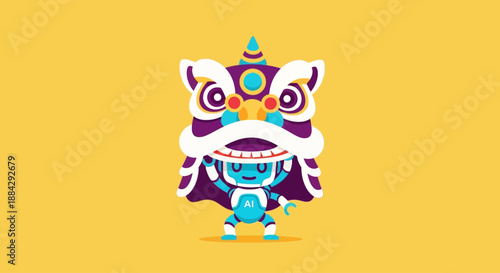 Vibrant illustration of a mythical creature with ornate details and bright colors from a cultural festival, viewed from the front.