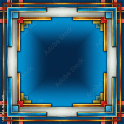 Abstract geometric square frame with layered borders in blue, red, white, and gold tones, featuring symmetrical structure and a deep blue gradient center.