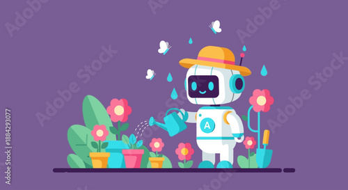 Robot watering vibrant flowers in a colorful garden scene viewed from the front