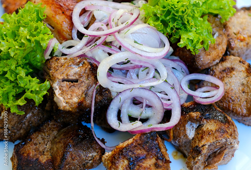 Grilling Tasty Dish Barbecue. Cooking On Picnic On Charcoal Souvlaki Food Metal Skewer Beef. Street Food Grill. Grilling Marinated Shashlik Souvlaki. Grilled BBQ Meat On Fire. Roasting Meat Bbq .