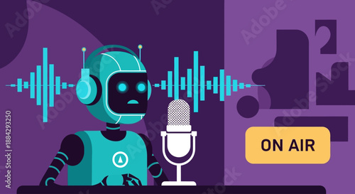 Robot broadcasting live on air with a microphone, studio equipment, and sound waves, from a frontal viewpoint in a professional recording studio setting