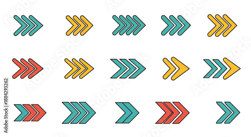 A collection of stylized right-pointing arrows in various colors and chevron designs, suitable for graphic resources and UI elements.
