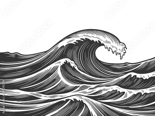 powerful stormy ocean waves, ideal for nautical, marine, or retro-themed design projects sketch engraving generative ai vector illustration. Scratch board imitation. Black and white image.