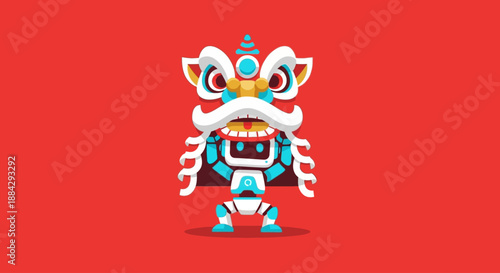 Vibrant illustration of a colorful creature with ornate headgear standing in a bold red environment, viewed from the front
