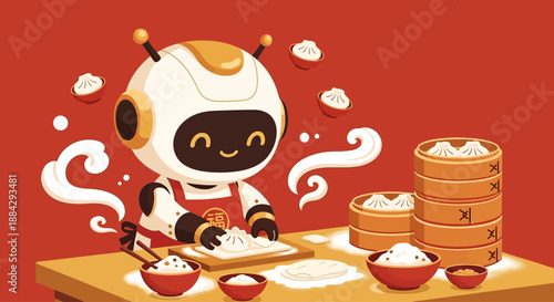 A cheerful cartoon robot preparing steamed buns on a wooden table surrounded by red bowls and steamer baskets