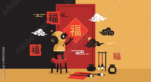 Calligrapher creating traditional Chinese characters on red paper with brush on stool