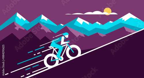 Cyclist riding down the mountain road with a scenic landscape and beautiful sky