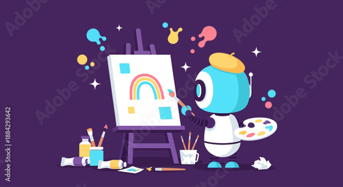 Robot artist creating a vibrant rainbow masterpiece on canvas using colorful paints and brushes in a creative studio setting