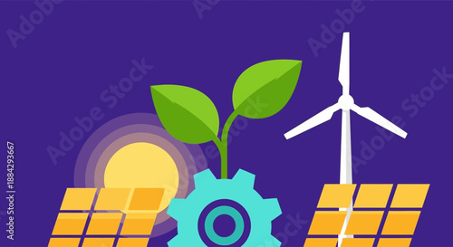 Renewable energy sources powering sustainable development with solar panels and wind turbines