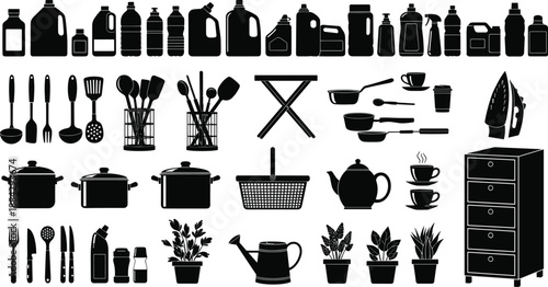 Black household icons set, cleaning product bottles, kitchen utensils, cookware pots, laundry iron, garden plants, furniture dresser, home equipment silhouettes collection on white background,