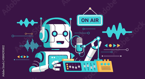 Robot Broadcasting Live on Air with Sound Waves and Headphones in Studio Setting from Front View
