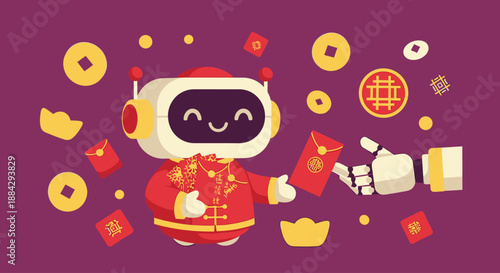 A cartoon robot in traditional attire celebrating a festive occasion surrounded by cultural symbols and traditional gifts