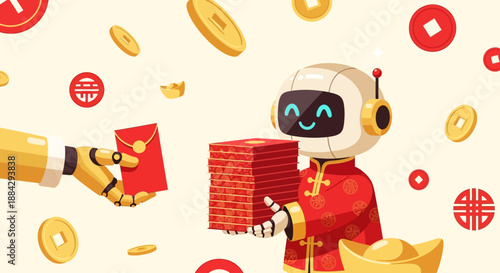Robot receiving red envelope filled with gold coins from human hand in festive celebration atmosphere