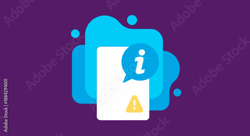 Notification Icon with Alert Symbol on Document, Indicating Warning or Message, Illustration, Flat Design, Purple Background