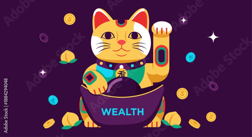 A cartoon cat surrounded by wealth and coins in a purple environment from a frontal viewpoint
