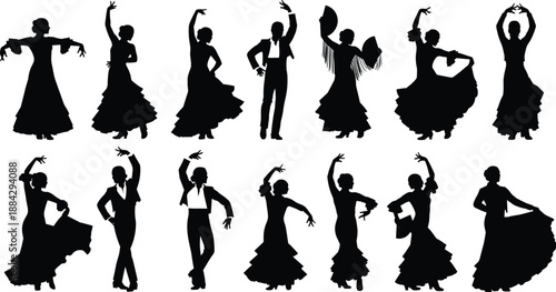 Collection of flamenco dancer silhouettes featuring men and women in traditional Spanish costumes performing passionate folk dance moves isolated on white background