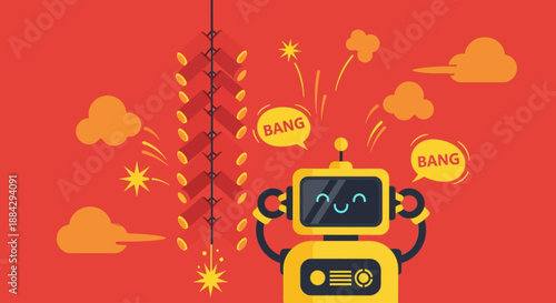 Robot experiencing explosion with sparks and smoke around it from a front viewpoint