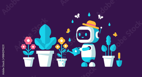 Robot tenderly watering vibrant plants in pots with gardening tools nearby in a serene illustration