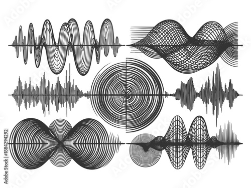 abstract radio wave waveforms and circular patterns, representing audio signals, frequencies, and sound vibrations sketch engraving generative ai vector illustration. Scratch board. Black and white.