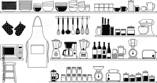 Kitchenware icons set featuring cooking utensils, appliances, dishes, and pantry items on shelves, flat outline vector illustration for interior design and culinary concepts.