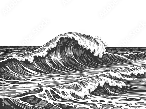 powerful stormy ocean waves, ideal for nautical, marine, or retro-themed design projects sketch engraving generative ai vector illustration. Scratch board imitation. Black and white image.