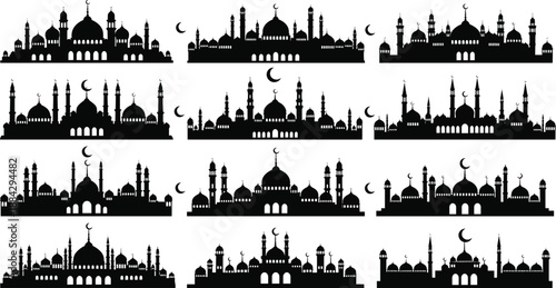 Islamic mosque silhouette collection, ramadan kareem decorative elements, arabic architecture skyline set, eid mubarak vector design, masjid buildings for religious holiday celebration banners.