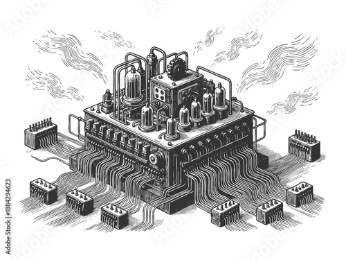 vintage mechanical device connected to numerous wires, switches, and control boxes in all directions sketch engraving generative ai vector illustration. Scratch board imitation. Black and white image.