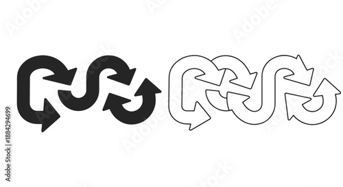 Two sets of wavy interconnected arrows forming a continuous loop, one solid black and one outlined, representing recycling or a continuous process.