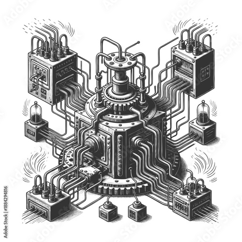 vintage mechanical device connected to numerous wires, switches, and control boxes in all directions sketch engraving generative ai vector illustration. Scratch board imitation. Black and white image.